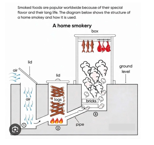 Image for topic: The diagram below describes the structure of a home smokery and how it works. Summarize the information by selecting and reporting the main features and make comparisons where relevant.