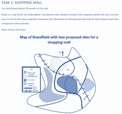 Image for topic: You should spend about 20 minutes on this task. Below is a map of the city of Brandfield. City planners have decided to build a new shopping mall for the area, and two sites, S1 and S2 have been proposed. Summarise the information by selecting and reporting the main features and make comparisons where relevant. Write at least 150 words.
