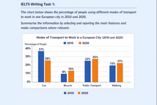 Image for topic: The bar chart illustrates the percentage of people using different modes of transportation to commute to work in one European city in 2010 and 2020.