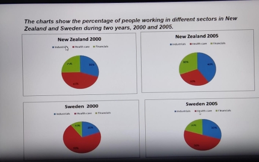 Image for topic: The charts show the percentage of people working in different sectors in New Zealand and Sweden during two years, 2000 and 2005.