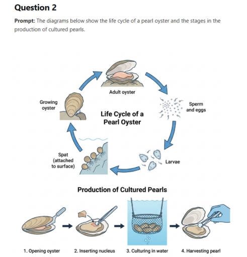 Image for topic: The diagrams below show the life cycle of a pearl oyster and the stages in the production of cultured pearls.