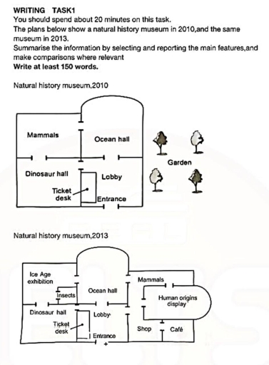 Image for topic: The plans below show a natural history museum in 2010,and the same museum in 2013. Summarise the information by selecting and reporting the main features, and make comparisons where relevant