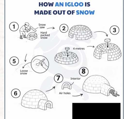 Image for topic: The diagram below shows how an igloo is made out of snow. Summarise the information by selecting and reporting the main features, and makecomparisions where relevant.