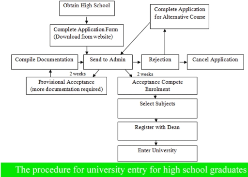 Image for topic: The diagram shows the procedure for university entry for high school graduates. Write a report for a university or college lecturer describing the information. Write at least 150 words. Image13 (2)-1.png