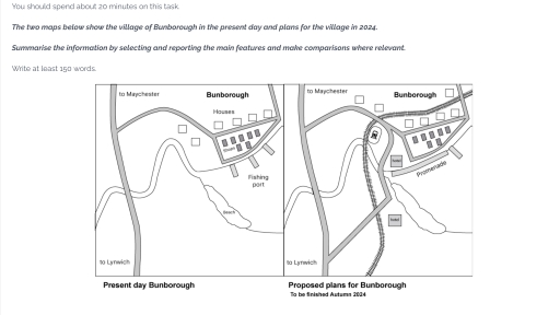 Image for topic: WRITING TASK 1 You should spend about 20 minutes on this task. The two maps below show the village of Bunborough in the present day and plans for the village in 2024. Summarise the information by selecting and reporting the main features and make comparisons where relevant. Write at least 150 words.
