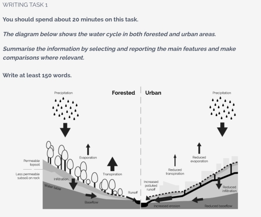 Image for topic: You should spend about 20 minutes on this task. The diagram below shows the water cycle in both forested and urban areas. Summarise the information by selecting and reporting the main features and make comparisons where relevant. Vocabulary Complexity: N/A Grammar Mistakes: N/A Write at least 150 words.
