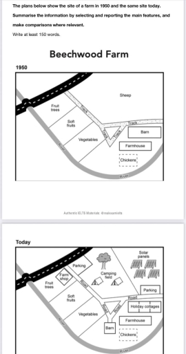 Image for topic: The plans below show the site of a farm in 1950 and the same site today. Summarise the information by selecting and reporting the main features, and make comparisons where relevant. Write at least 150 words.