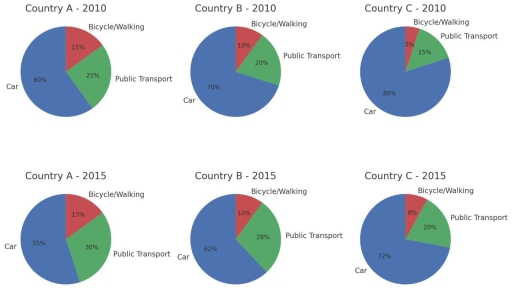 Image for topic: The pie charts below show the proportion of people who used three different modes of transport (car, public transport, and bicycle/walking) to commute to work in three countries (A, B, and C) in 2010 and 2015.