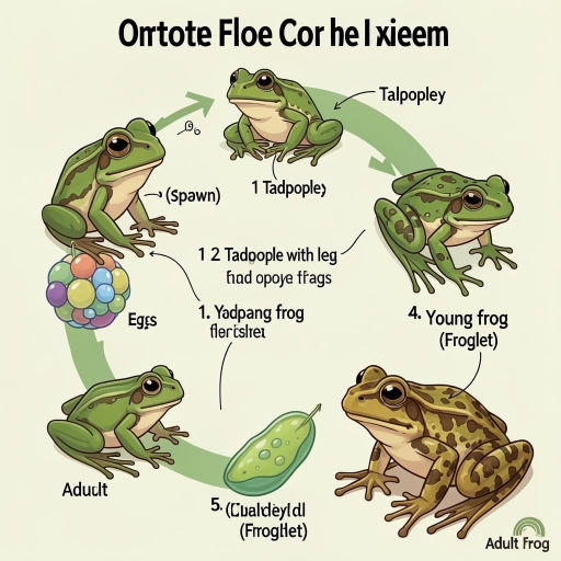 Image for topic: The diagram below shows the life cycle of a frog from the egg stage to the adult amphibian. (Rasm tasviri: 1. Eggs/Spawn rightarrow 2. Tadpole rightarrow 3. Tadpole with legs rightarrow 4. Young frog/Froglet rightarrow 5. Adult frog)