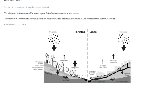 Image for topic: WRITING TASK 1 You should spend about 20 minutes on this task. The diagram below shows the water cycle in both forested and urban areas. Summarise the information by selecting and reporting the main features and make comparisons where relevant. Write at least 150 words.
