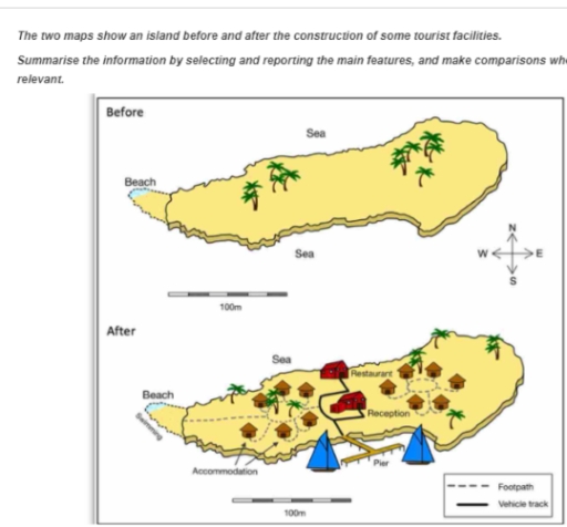 Image for topic: The two maps show an island before and after the construction of some tourist facilities. Summarise the information by selectiong and reporting the main features, and make comparisons where releevant.