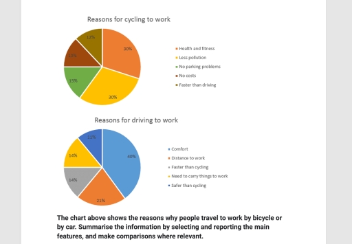 Image for topic: The chart above shows the reasons why people travel to work by bicycle or by car. Summarise the information by selecting and reporting the main features, and make comparisons where relevant.