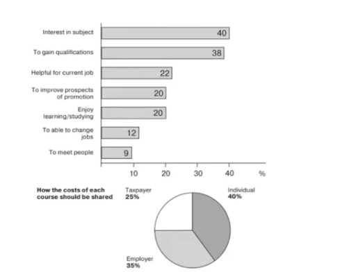 Image for topic: The chart below show the result of a survey of adult education. The first chart shows the reasons why adults decide to study. The pie chart shows how people think the costs f adults education should be reported. Write a report for a university lecturer.