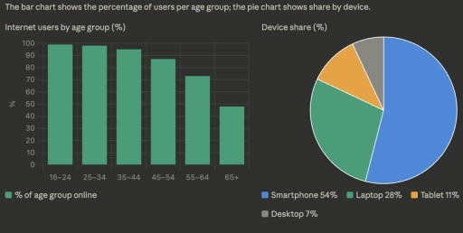 Image for topic: The charts below show the percentage of people using the internet by age group and the share of devices used to access the internet in a particular country.