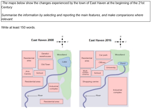 Image for topic: The maps below show the changes experienced by the town of East Haven at the beginning of the 21st Century. Summarise the information by selecting and reporting the main features, and make comparisons where relevant.