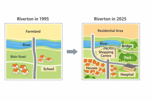 Image for topic: The maps below show how the town of Riverton changed between 1995 and 2025.