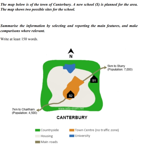 Image for topic: The map below is of the town of Canterbury. A new school (S) is planned for the area. The map shows two possible sites for the school.