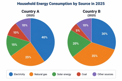 Image for topic: The pie charts below show the proportion of household energy consumption from different sources in Country A and Country B in 2025.