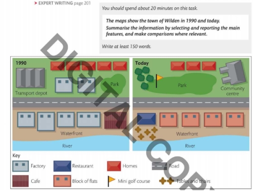 Image for topic: the maps show the town of wilden in 1990 and today. Summarise the information by selecting and reporting the main features and make comparions where relevant.