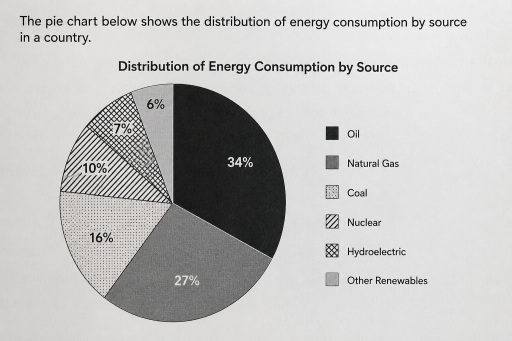 Image for topic: The pie chart below shows the distribution of energy consumption by source in a country.