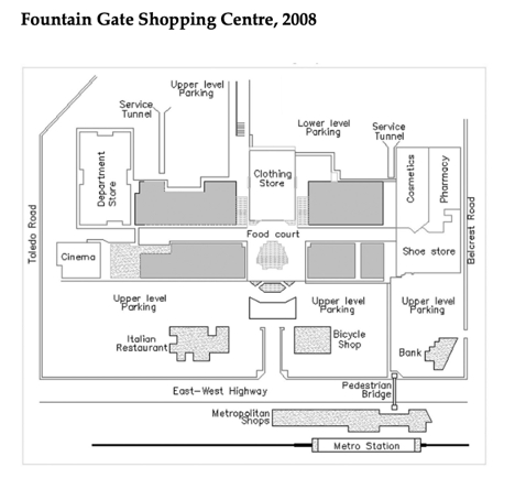 Image for topic: The maps show changes to the Fountain Gate Shopping Centre between 1980 and 2008. Summarise the information by selecting and reporting the key features, and make any relevant comparisons.