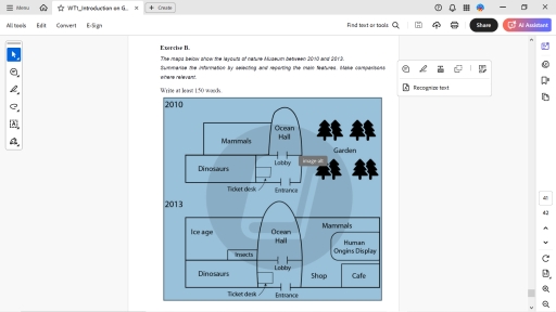 Image for topic: The maps below show the layouts of nature Museum between 2010 and 2013. Summarise the information by selecting and reporting the main features. Make comparisons where relevant.