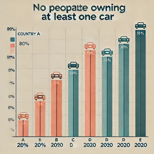 Image for topic: The bar chart below shows the percentage of people in five different countries who own at least one car in 2010 and 2020. Summarize the information by selecting and reporting the main features and make comparisons where relevant.