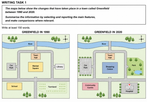 Image for topic: The maps below show the changes that have taken place in a town called Greenfield between 1990 and 2020.