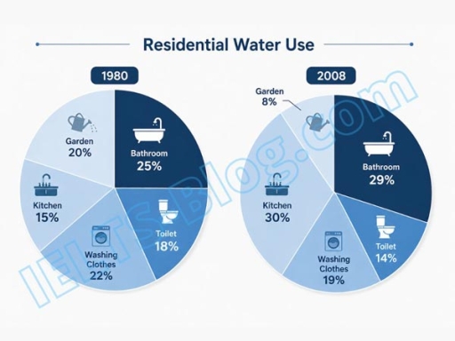 Image for topic: The pie charts below show the proportions of residential water usage for different purposes in 1980 and 2008. Summarise the information by selecting and reporting the main features, and make comparisons where relevant.