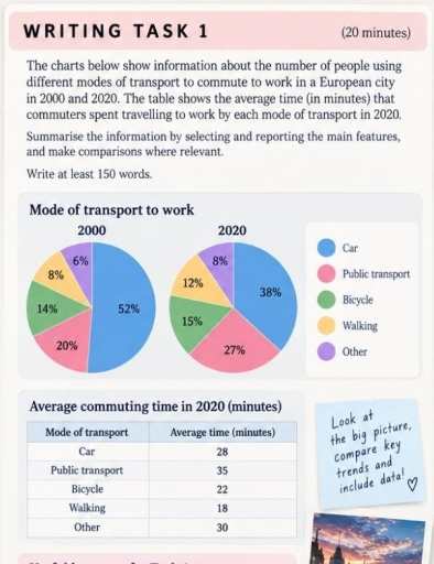Image for topic: The charts below show information about the number of people using different modes of transport to commute to work in a European city in 2000 and 2020. The table shows the average time (in minutes) that commuters spent travelling to work by each mode of transport in 2020. Summarise the information by selecting and reporting the main features, and make comparisons where relevant.