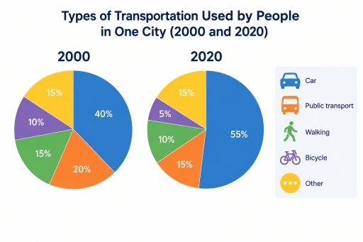 Image for topic: The pie charts show the proportion of different types of transportation used by people in one city in 2000 and 2020.
