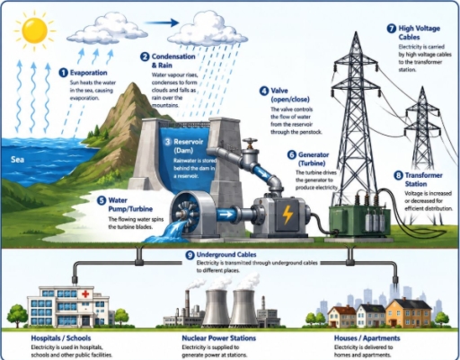 Image for topic: The diagram shows how hydro-electric power is generated and supplied to differnt places