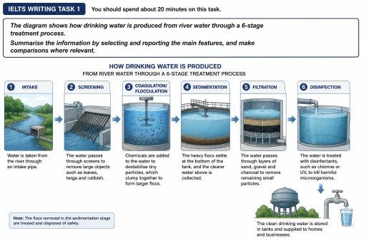 Image for topic: The diagram shows how drinking water is produced from river water through a 6-stage treatment process: intake, screening, coagulation/flocculation, sedimentation,filtration, and disinfection.