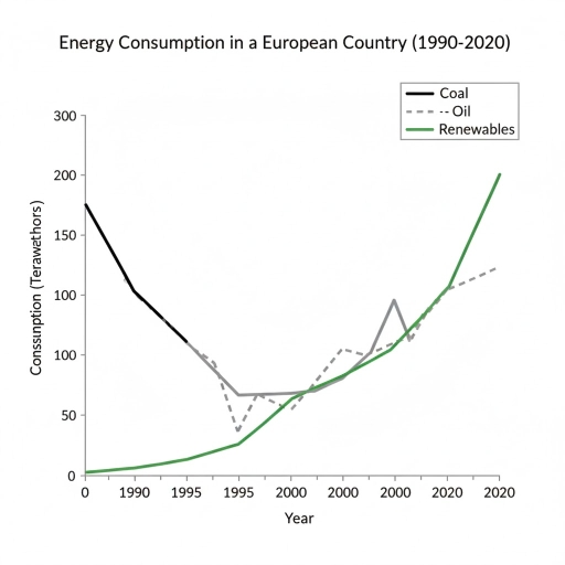 Image for topic: The graph below shows the changes in the consumption of three types of energy - coal, oil, and renewable sources - in a particular European country between 1990 and 2020