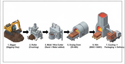 Image for topic: The diagram below shows how bricks are manufactured. Summarise the information by selecting and reporting the main features, and make comparisons where relevant.