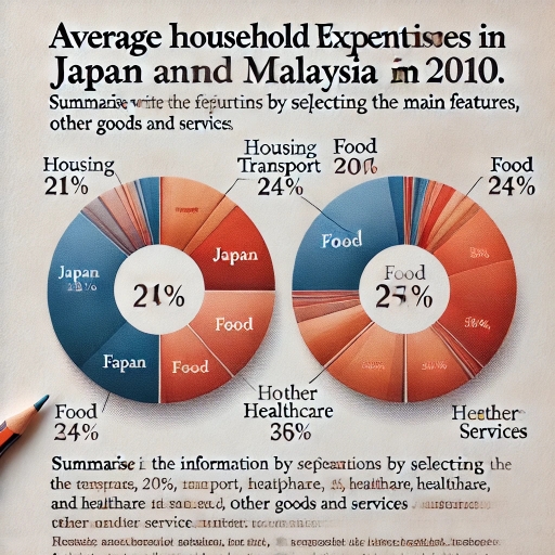 Image for topic: The pie charts below show the percentage of average household expenditures in five categories in Japan and Malaysia in the year 2010. Summarise the information by selecting and reporting the main features, and make comparisons where relevant. Data: Japan: Housing: 21% Transport: 20% Food: 24% Healthcare: 6% Other goods and services: 29% Malaysia: Housing: 34% Transport: 10% Food: 27% Healthcare: 3% Other goods and services: 26%