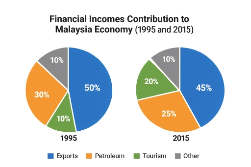 Image for topic: The two pie charts illustrate how different financial incomes contributed to the economy of Malaysia percentagewise in 1995 and 2015.
