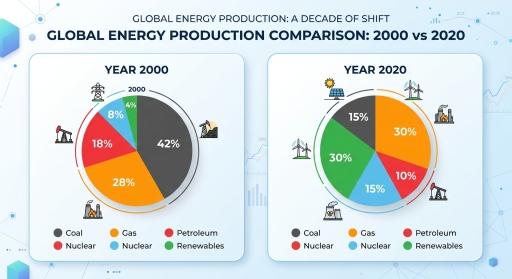 Image for topic: The pie charts below show the proportion of total energy production by different sources in a European country in 2000 and 2020. Summarise the information by selecting and reporting the main features, and make comparisons where relevant.
