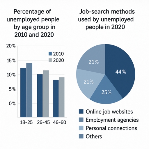 Image for topic: The charts below show the percentage of unemployed people in three age groups (18-25, 26-45, 46-60) in one European country in 2010 and 2020, and the methods these unemployed people used to find a job in 2020. Summarise the information by selecting and reporting the main features, and make comparisons where relevant.