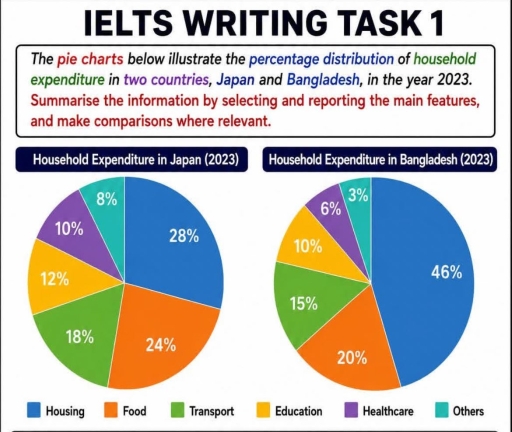 Image for topic: The pie charts below illustrate the percentage distribution of household expenditure in two countries, Japan and Bangladesh, in the year 2023. Summarise the information by selecting and reporting the main features, and make comparisons where relevant.