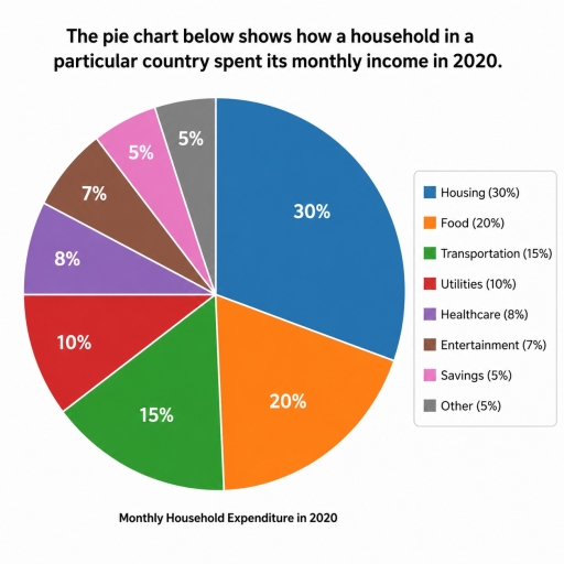 Image for topic: The pie chart below shows how a household in a particular country spent its monthly income in 2020. Summarize the information by selecting and reporting the main features, and make comparisons where relevant.