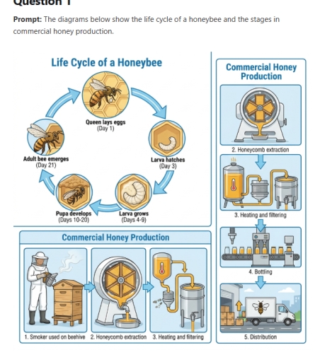 Image for topic: The diagrams below show the life cycle of a honeybee and the stages in commercial honey production.