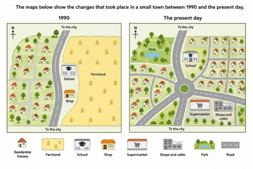 Image for topic: The maps below show the changes that took place in a small town between 1990 and the present day.