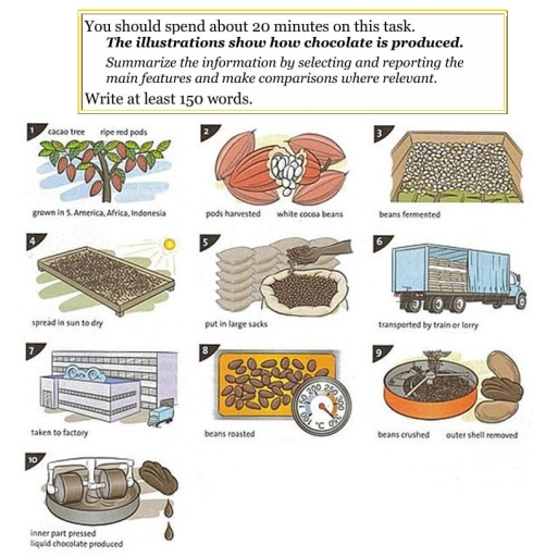 Image for topic: you should spend about 20 minutes on this task. the illustrations show how chocolate is produced. summarize the information by selecting and reporting the main features and make comparisons where relevant. write at least 150 words.