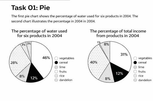 Image for topic: the first pia chart shows the percentage of water used for six products in 2004. the second chart illustrates the percentage of total income from production