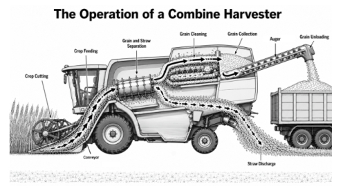 Image for topic: The diagram below shows the operation of a combine harvester on a farm. Summarise the information by selecting and reporting the main features, and make comparisons where relevant.