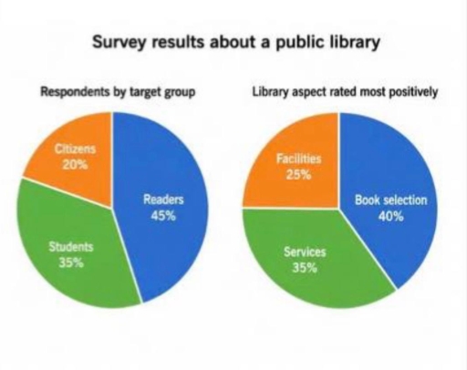Image for topic: The charts below show the results of surveys conducted among three target groups about different aspects of a public library.
