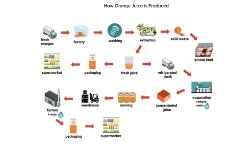 Image for topic: The diagram below shows how orange juice is produced. Summarise the important information by selecting and reporting the main features, and make comparisons where relevant.