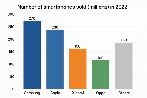 Image for topic: ar Chart: Number of smartphones sold (millions) in 2022 Samsung: 270 Apple: 230 Xiaomi: 150 Oppo: 100 Others: 180