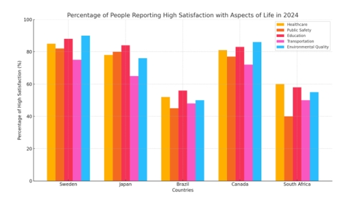 Image for topic: The bar chart below illustrates the percentage of people in five different countries who reported high levels of satisfaction with various aspects of life in 2024, including healthcare, public safety, education, transportation, and environmental quality. Summarize the information by selecting and reporting the main features and making comparisons where relevant. Write at least 200 words.